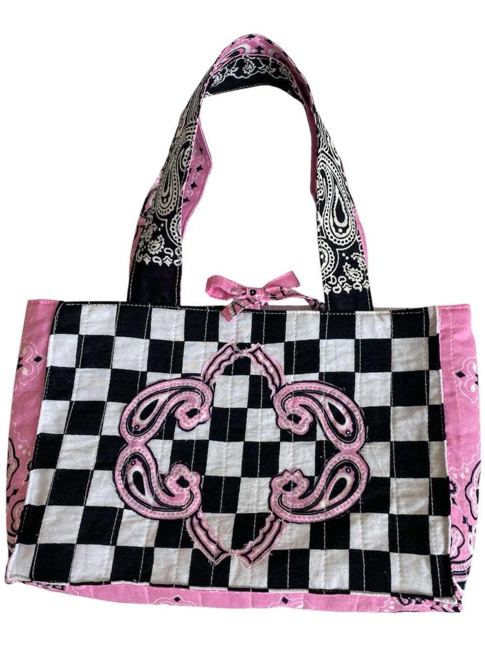 Handmade Quilted Mini Bandana Tote Bag Black White Check Pink Paisley Y2K Purse